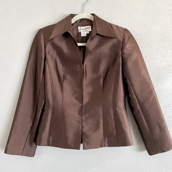 Vintage Jovani Wool Silk Jacket Size 6 Small Brown Formal Long Sleeve Open Front - Picture 1 of 9